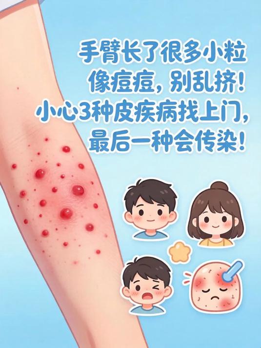 手臂长了很多小粒像痘痘,别乱挤!小心3种皮肤病找上门,最后一种会传染!