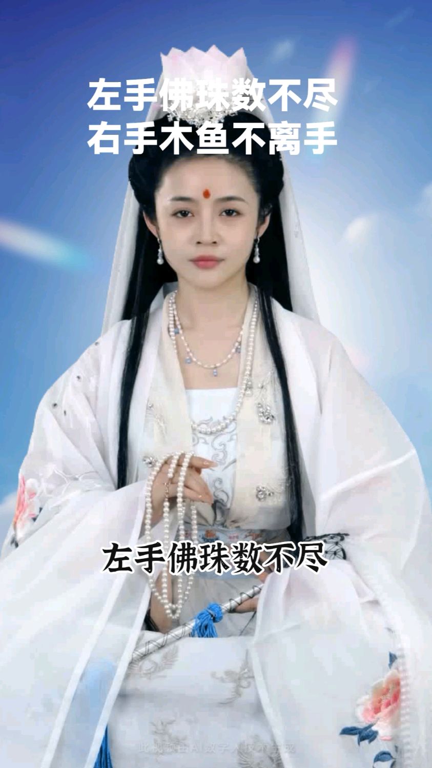 左手佛珠数不尽,右手木鱼不离手,阿弥陀福不离口