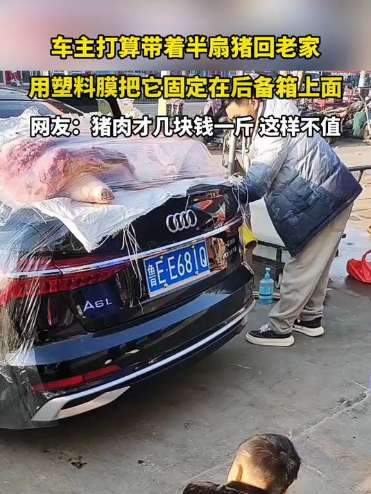 车主打算带着半扇猪回老家，用塑料膜把它固定在后备箱上面