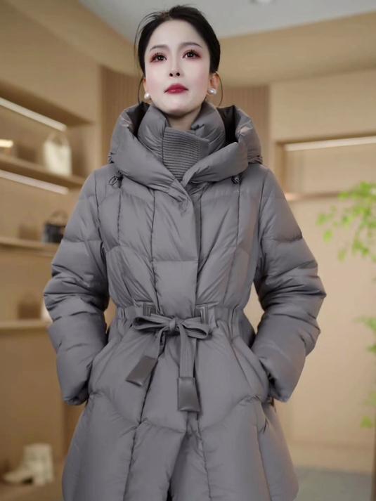 百搭加厚连帽羽绒服女冬季新款中长款纯色宽松保暖白鸭绒外套免洗