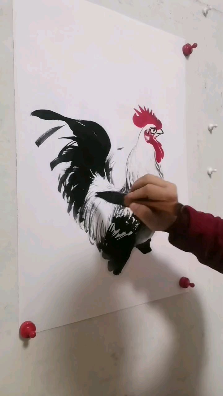 王兴民国画公鸡:尾羽绘画,精彩绝伦