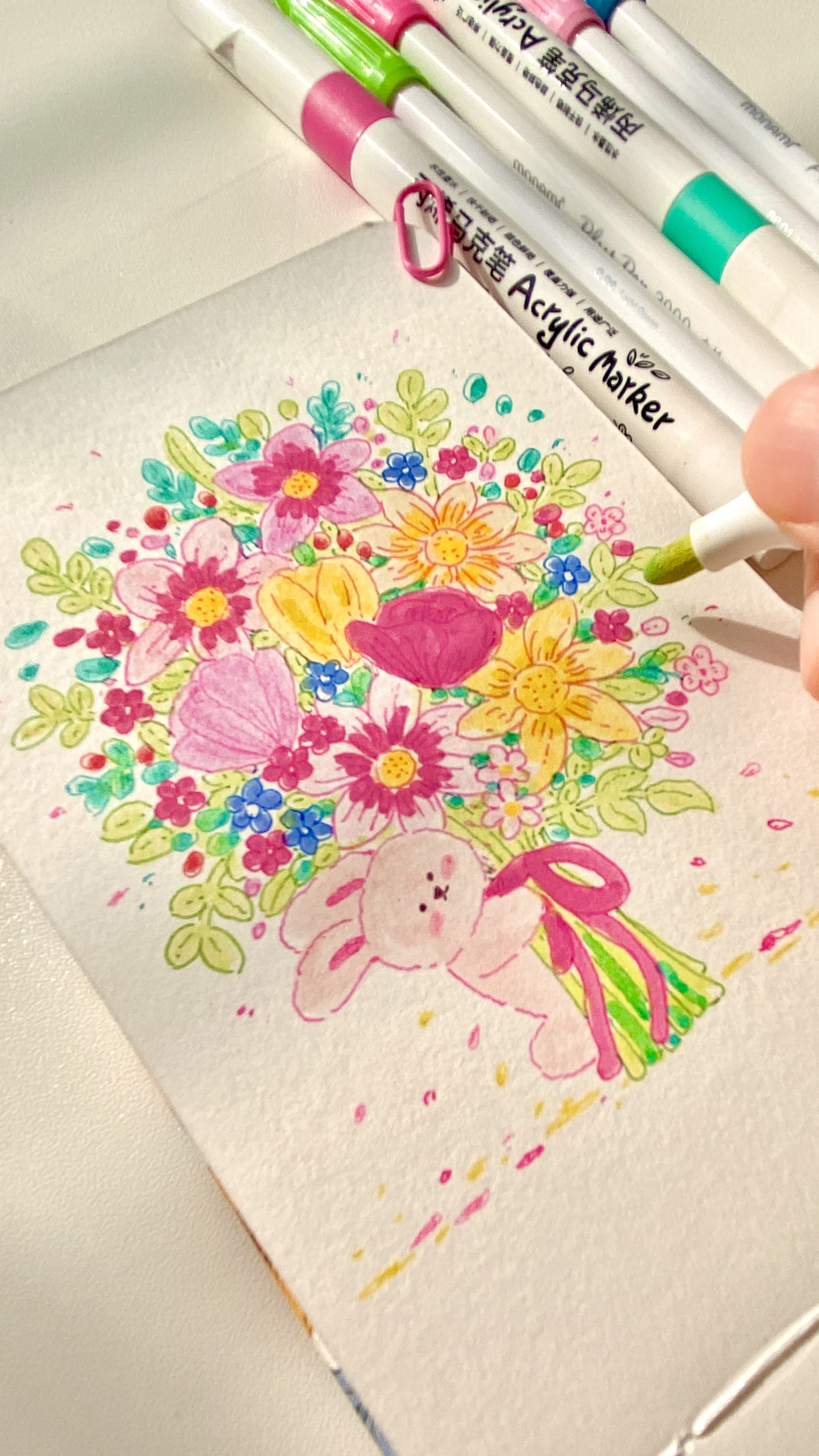 马克笔手绘治愈插画可爱小兔子抱花