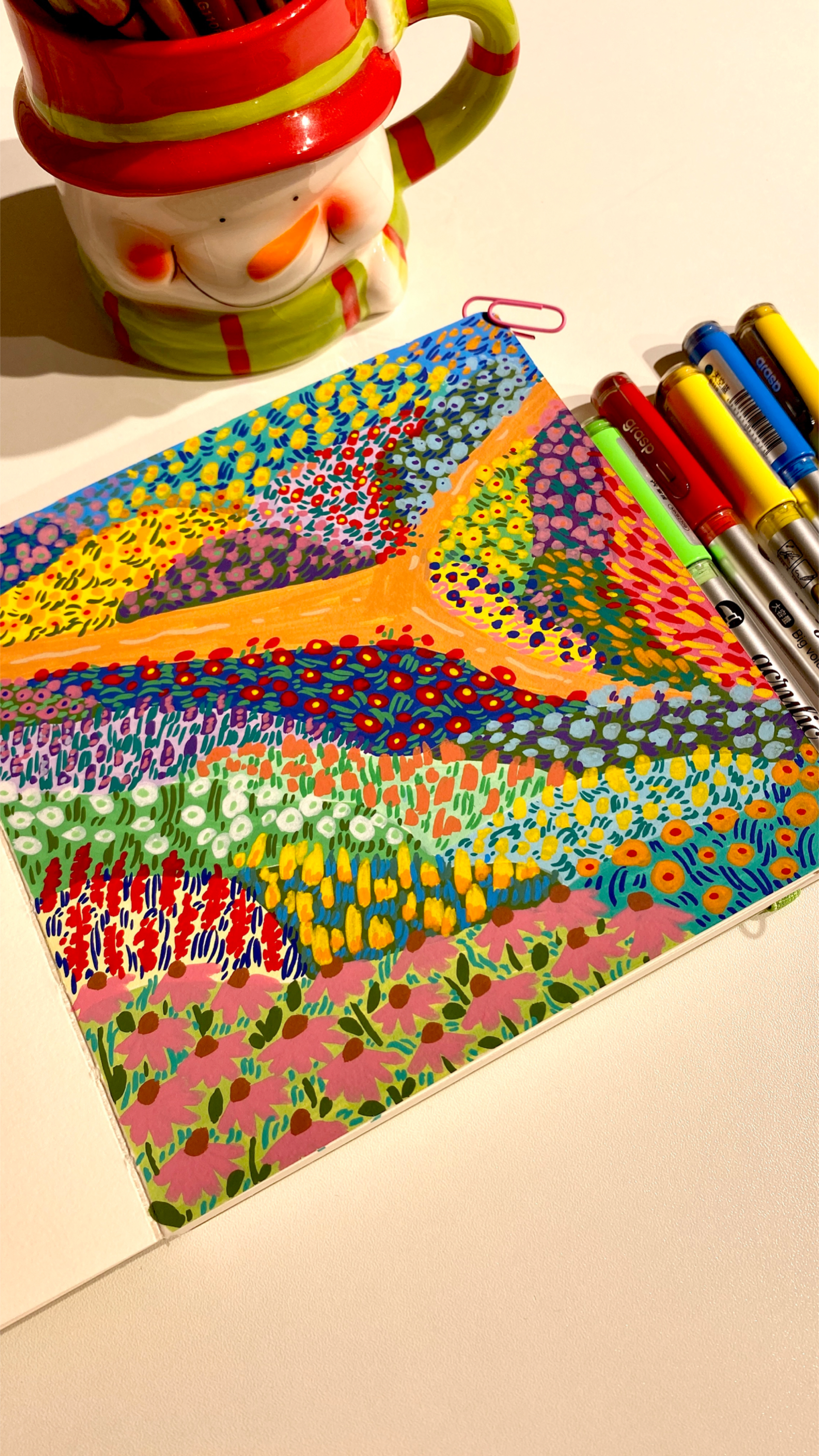 原创马克笔手绘治愈花海可爱插画