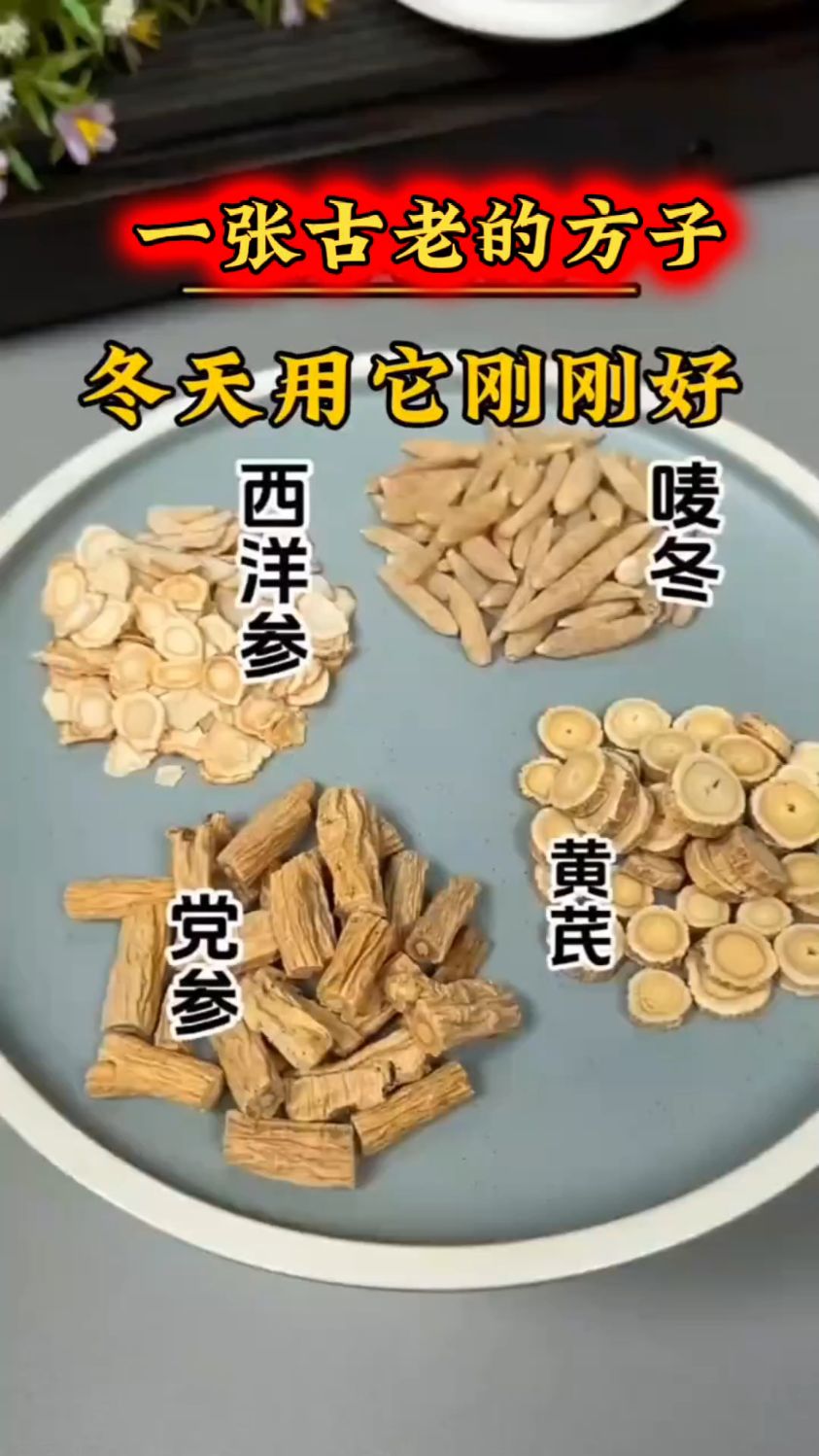 黄芪党参西洋参麦冬搭配就是元气四宝茶,每天煮水喝有大用