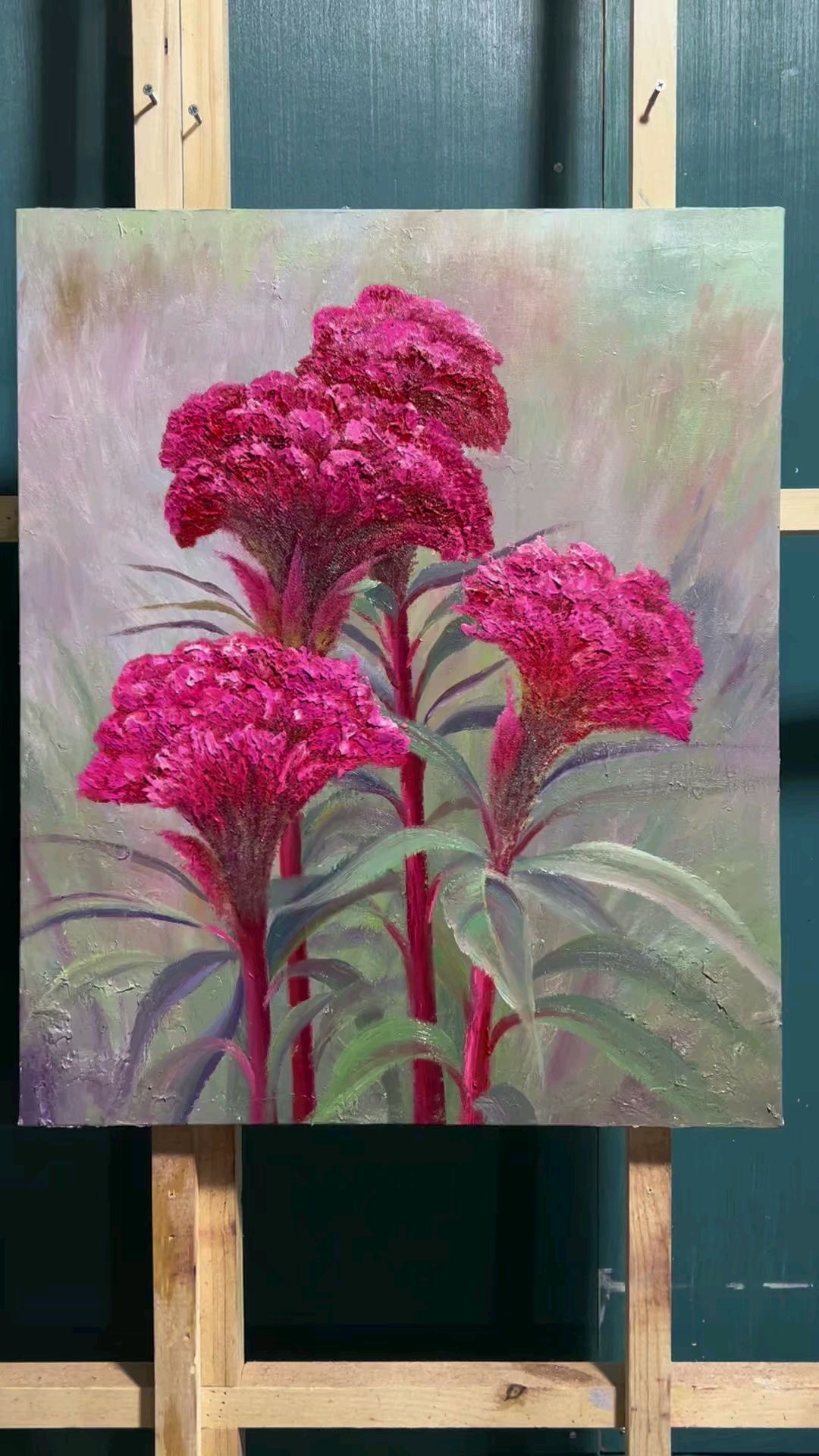 厚油质感鸡冠花油画作品