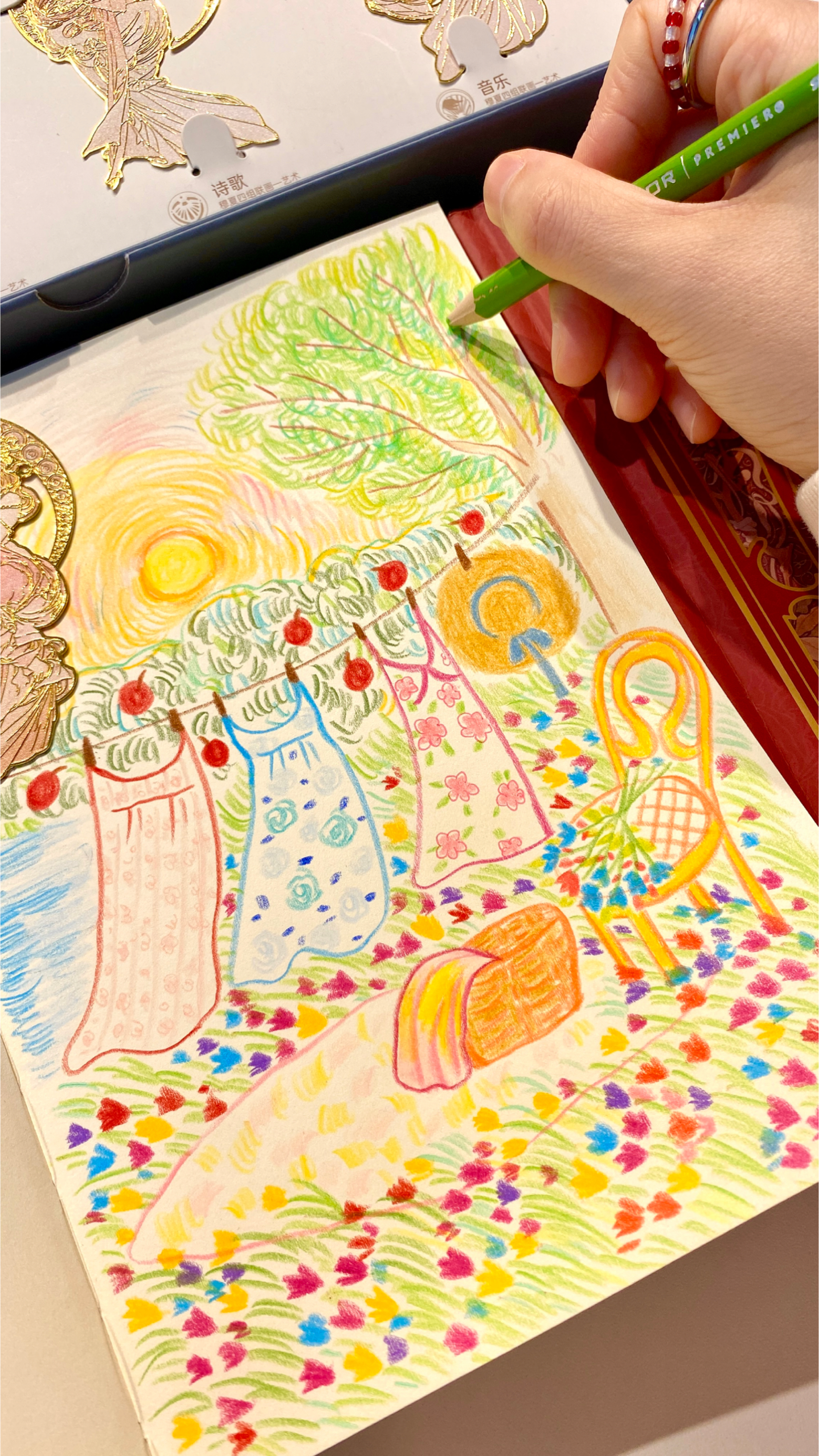 原创彩铅手绘治愈插画春天来了