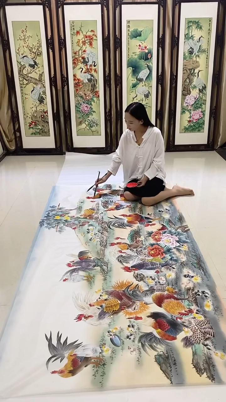 大吉大利 吉祥如意 鸿运当头 高冠不倒。工笔画百鸡图!