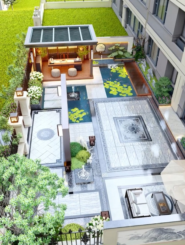 这样的一楼小院如何改造出凉亭鱼池?