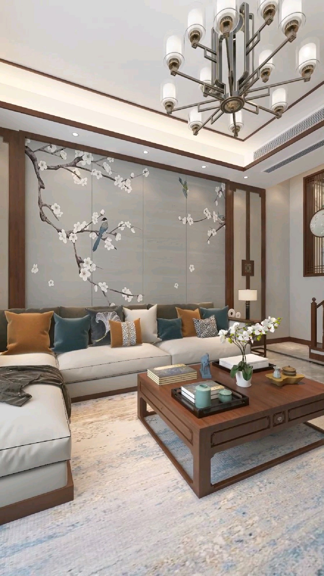 实木线条+装饰画打造背景墙,简单大气又有意境!