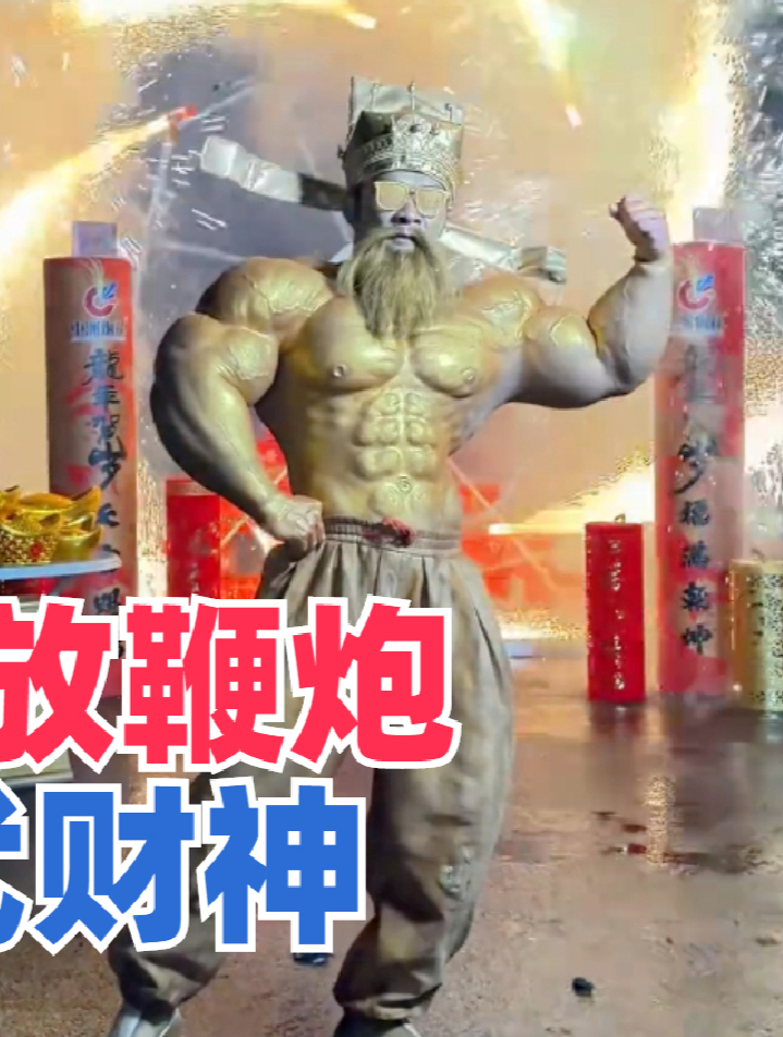 大年初五迎财神放鞭炮,猛男COS肌肉武财神,简直就是一比一还原