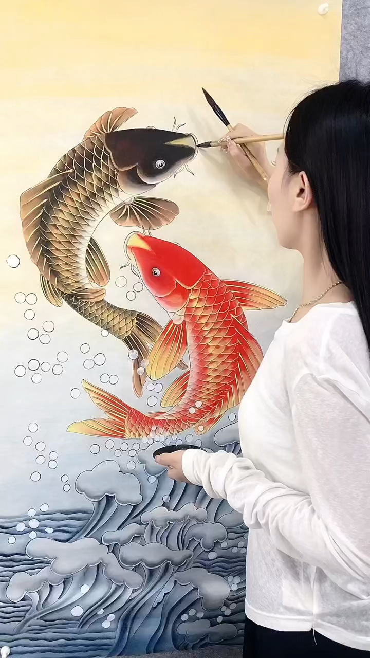 风生水起,步步高升。工笔画好运锦鲤!