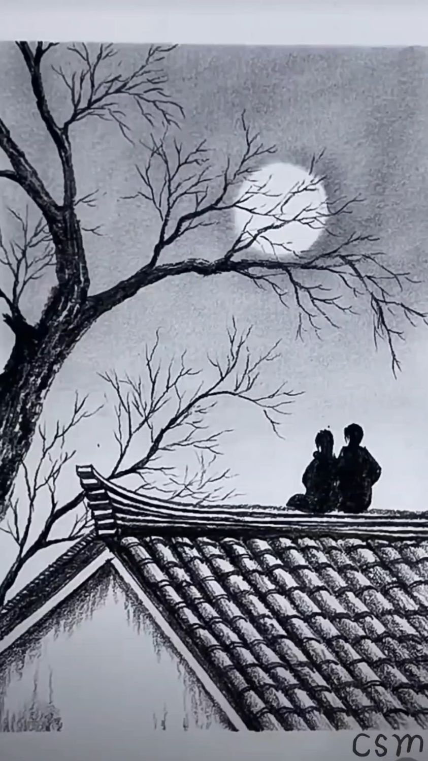 素描简笔画:教大家画情侣欣赏圆月风景画