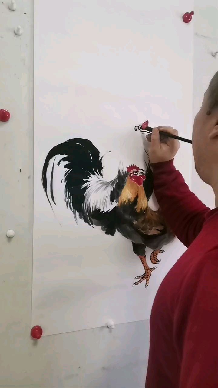 王兴民国画公鸡:绘画公鸡,母鸡与小鸡