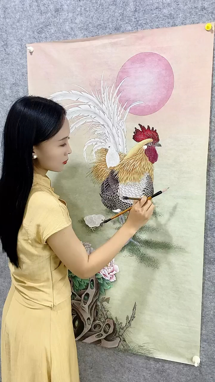 鸿运当头大吉大利、金鸡报晓一鸣惊人,工笔画大公鸡。