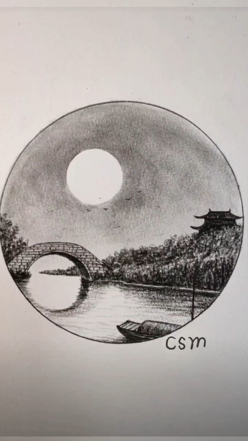 素描简笔画:教大家画桥边风景画