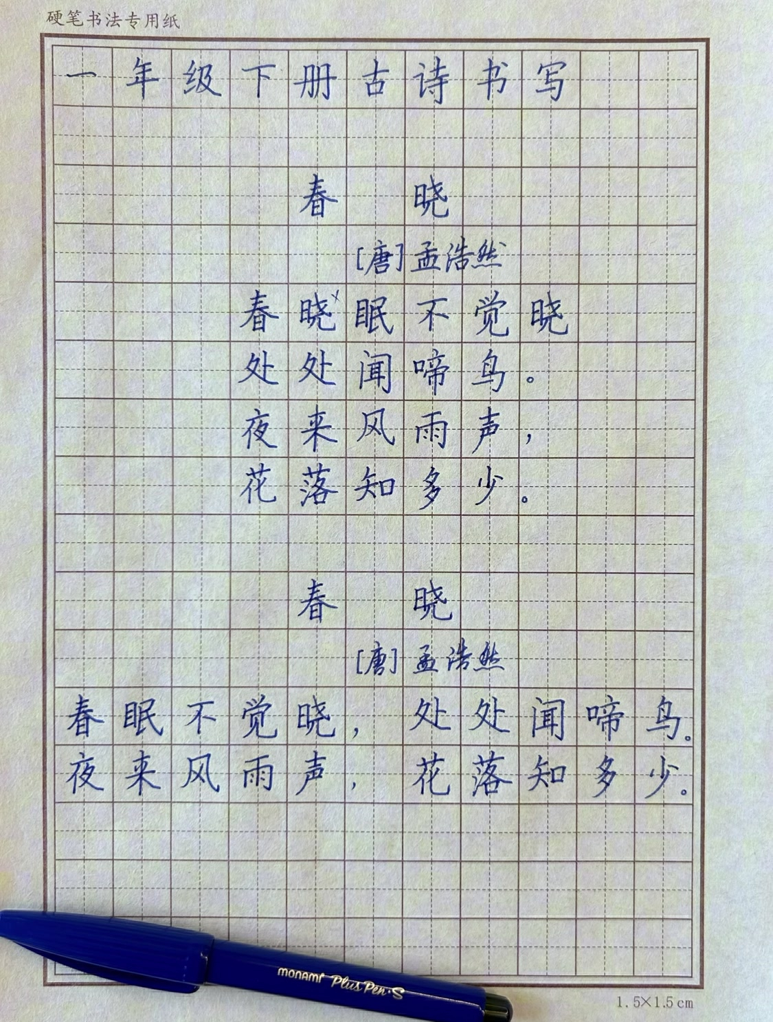 夜来风雨声 花落知多少 一年级下册古诗《春晓》硬笔书法书写