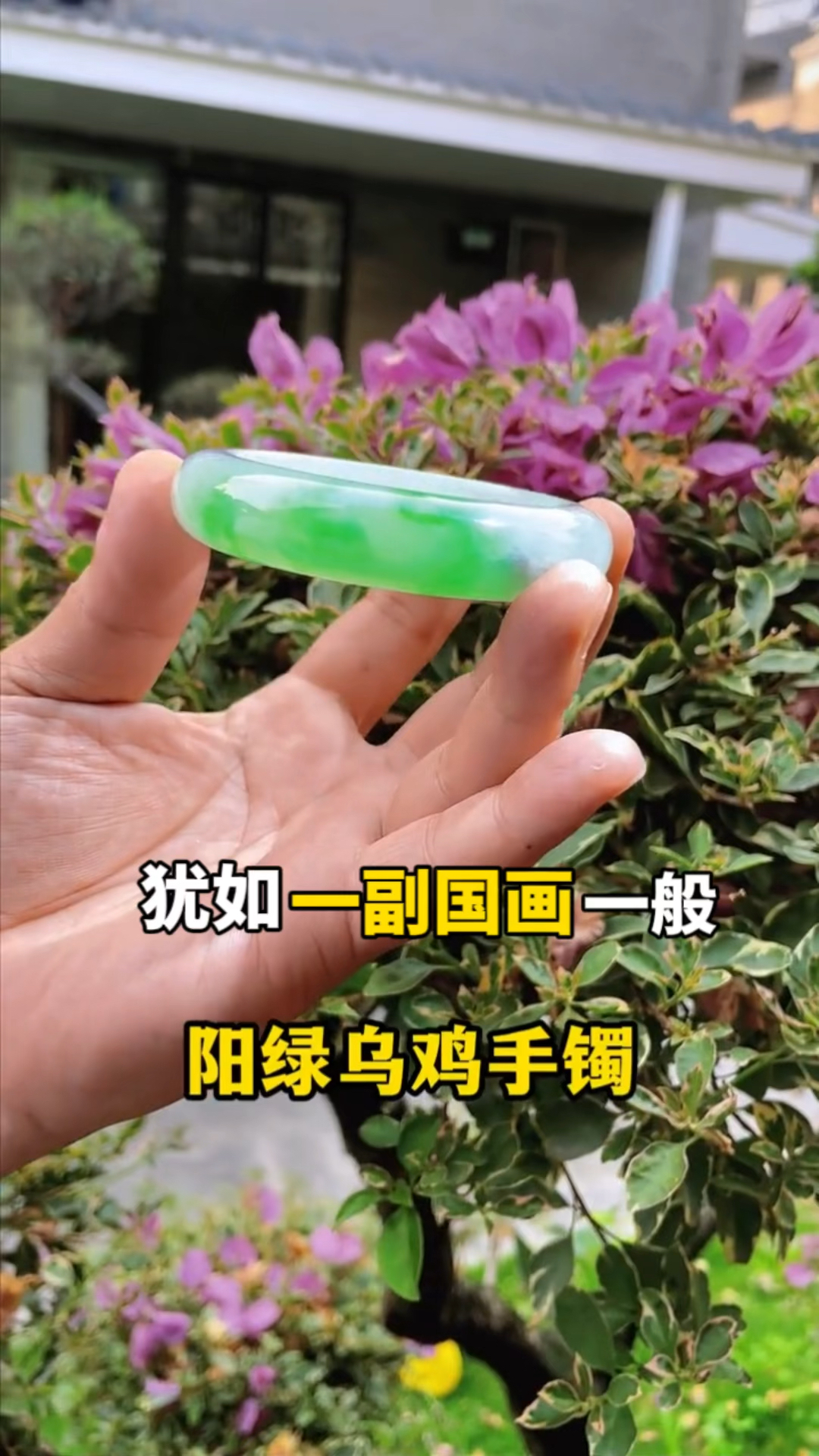 阳绿乌鸡手镯,犹如一幅国画一般
