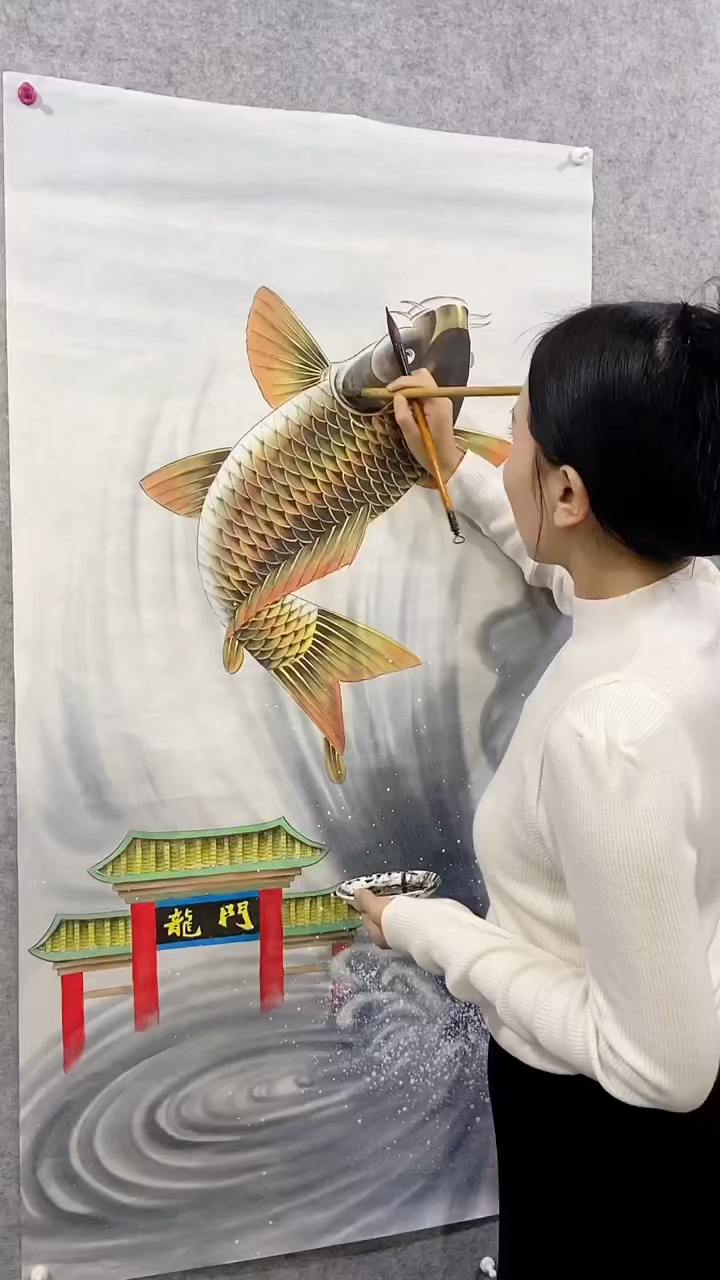 鱼跃龙门,一夜翻身,工笔画大鲤鱼。