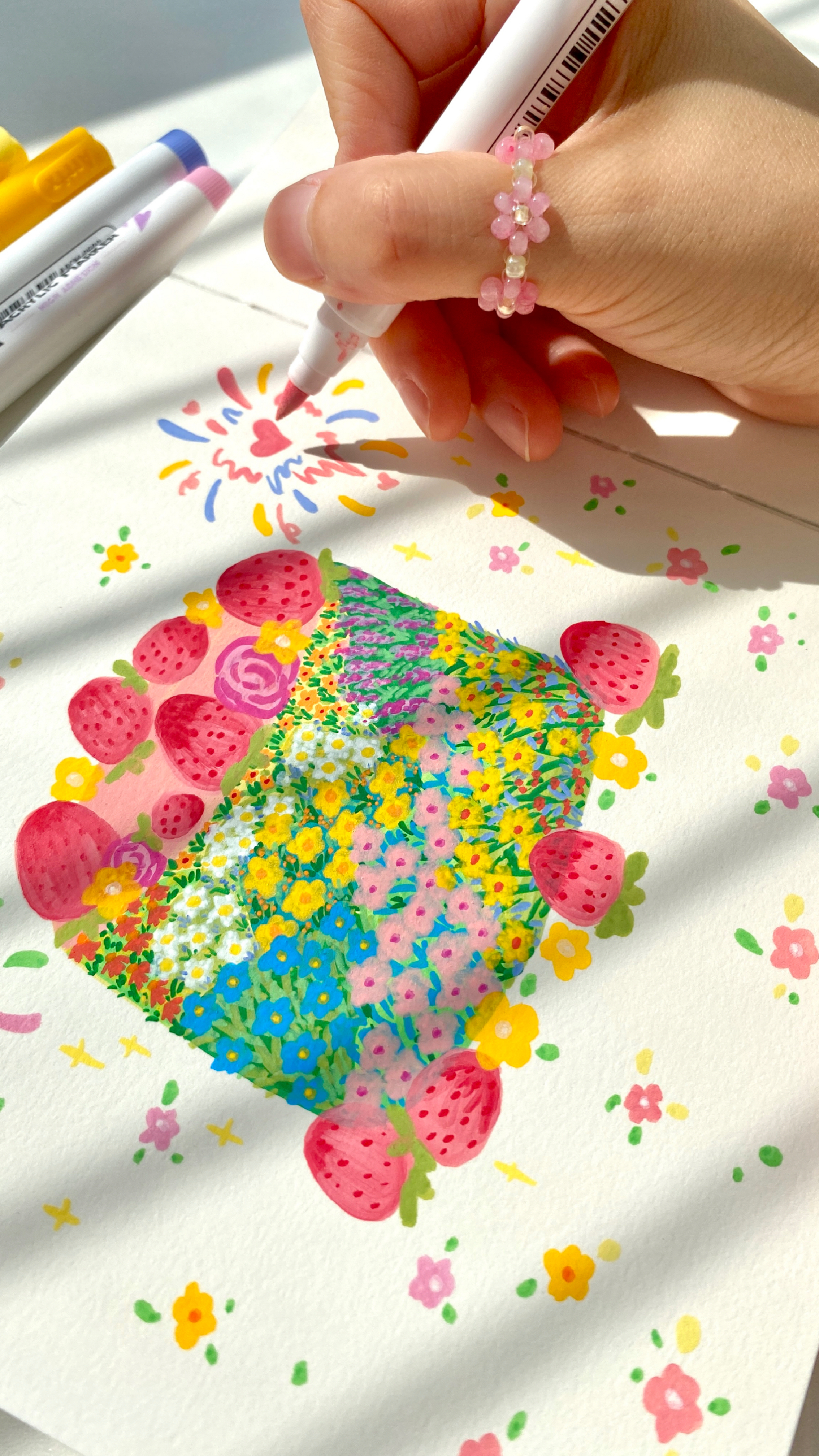 马克笔手绘小花蛋糕祝你生日快乐哟