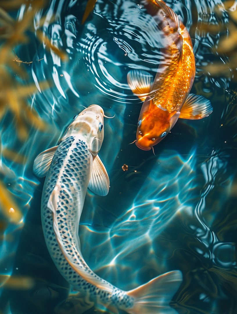手机壁纸丨水中锦鲤,金色、银色两只锦鲤,超清画质,屏保