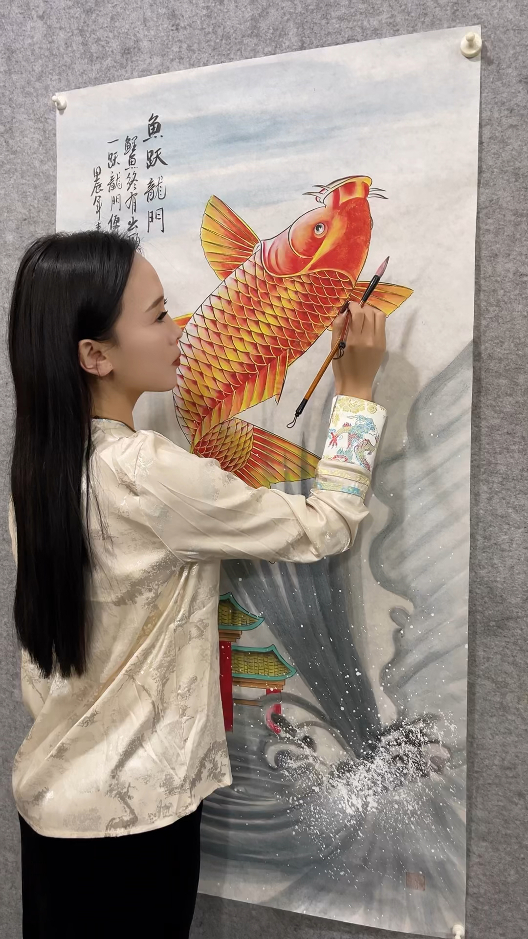 一夜翻身鱼跃龙门,工笔画步步高升鲤鱼跃龙门!