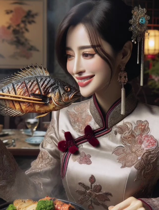 AI画美女吃烤鱼。GPT绘画