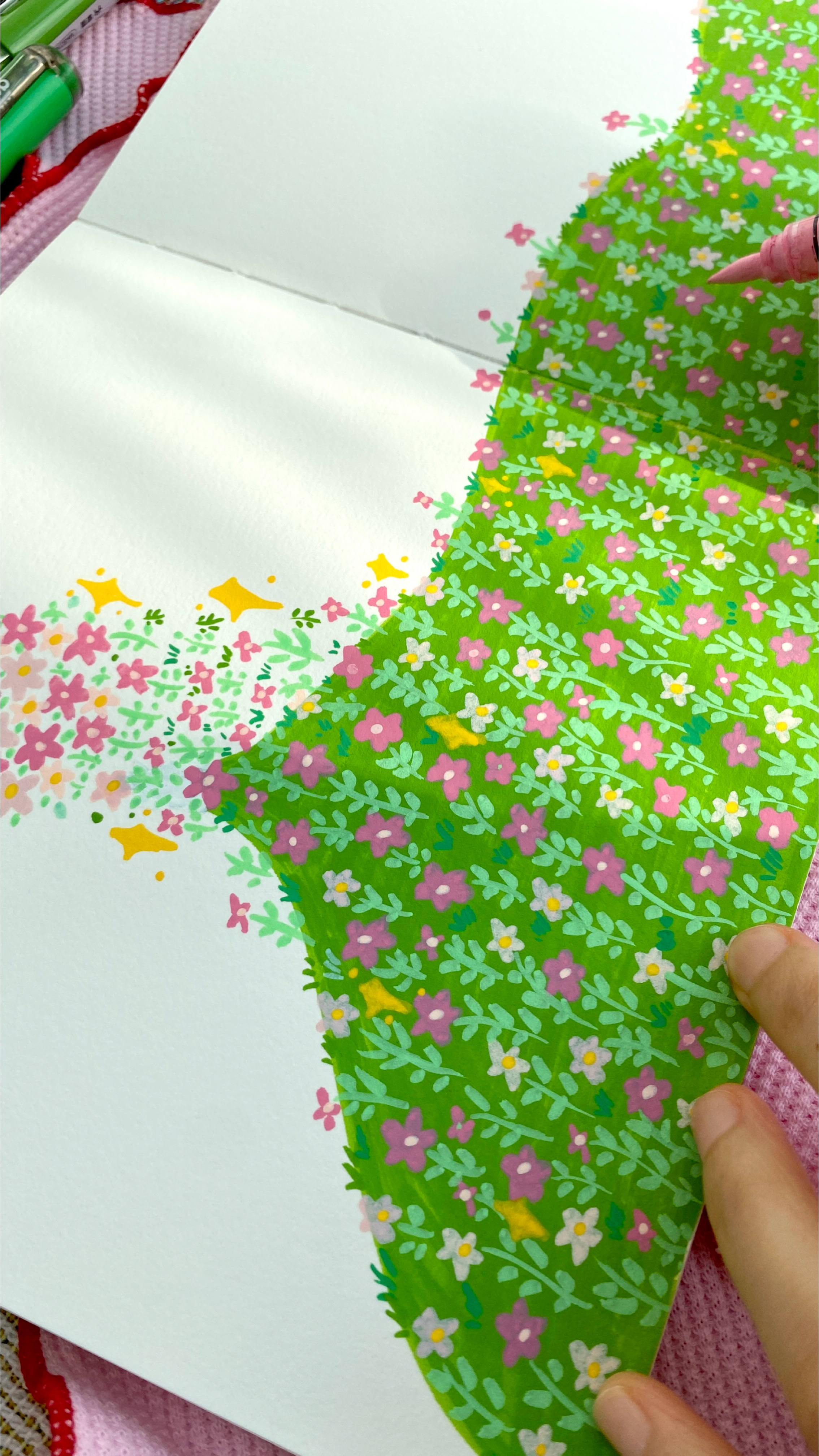 马克笔手绘冰激淋洒出五彩缤纷的花海治愈插画
