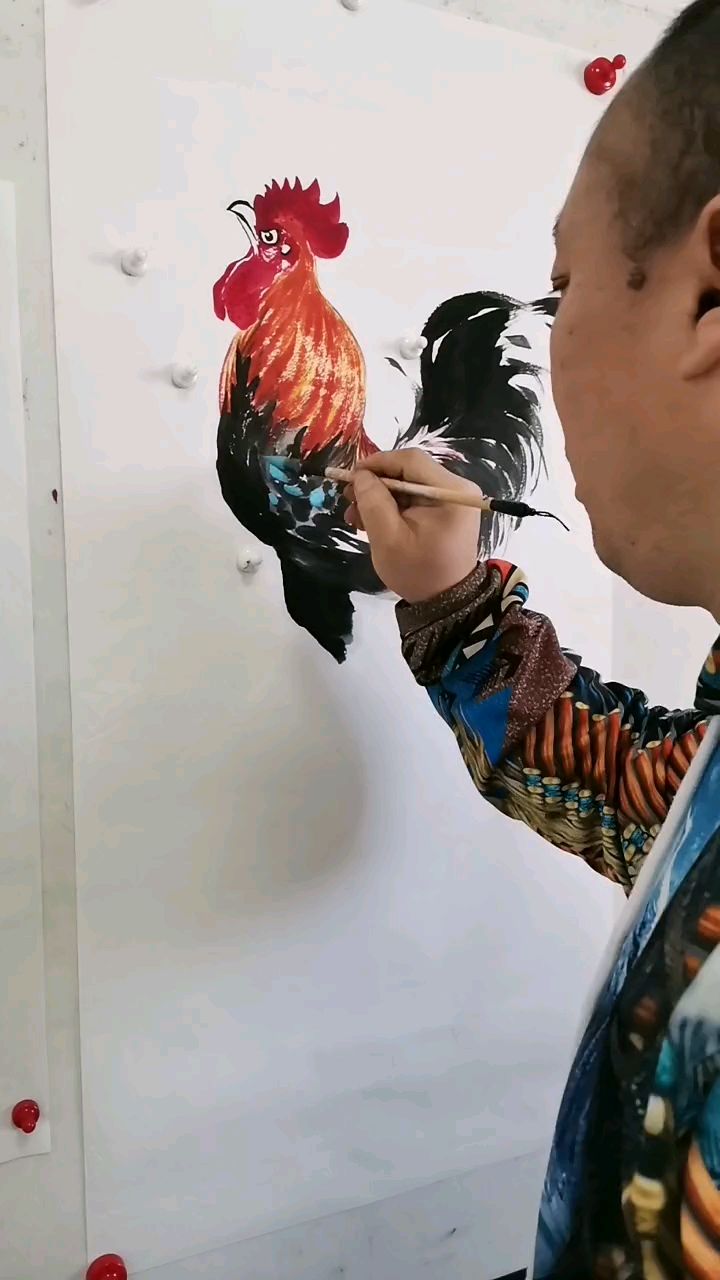 王兴民国画公鸡:红公鸡画法