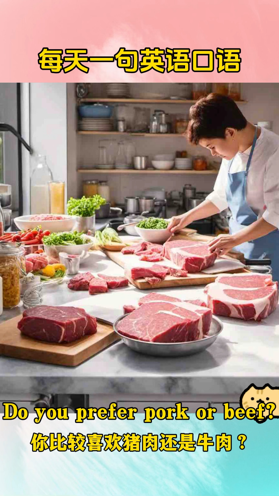 每日英语。Do you prefer pork or beef?你比较喜欢牛肉还是猪肉