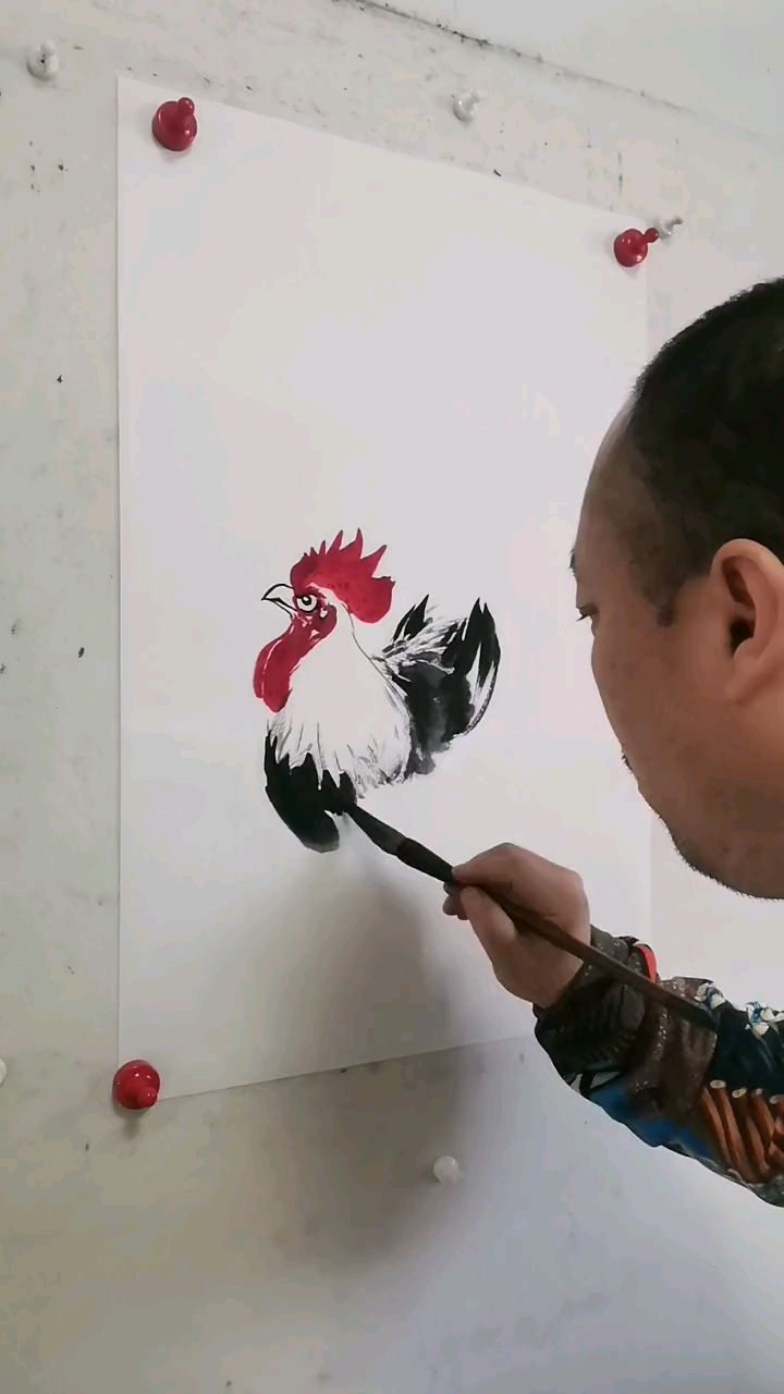 王兴民国画公鸡:画鸡