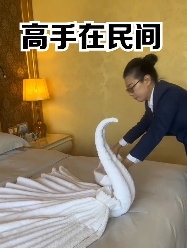 这毛巾折叠出来的天鹅,真是太漂亮了