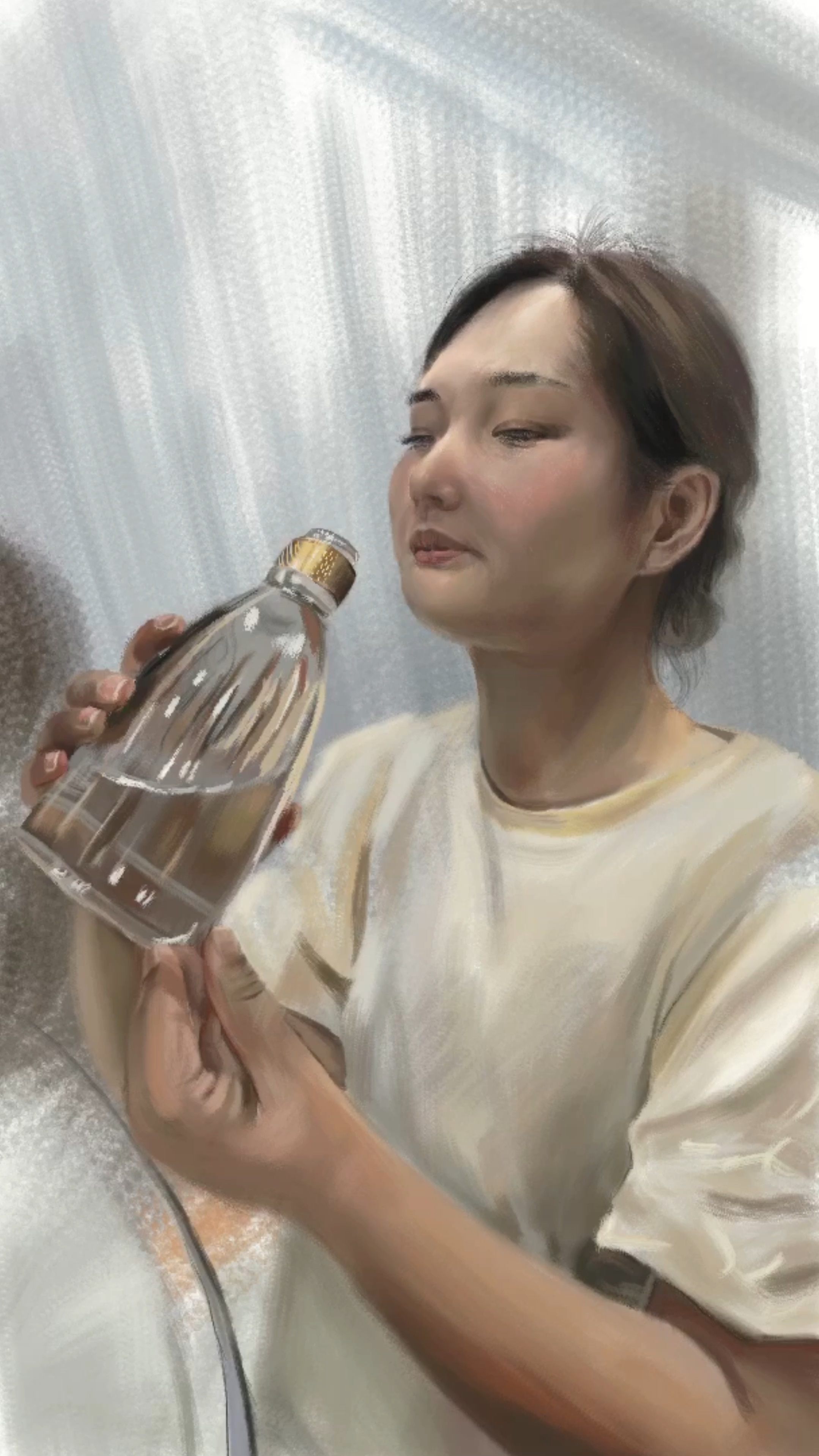 油画创作:一个抱瓶吹白酒的女人