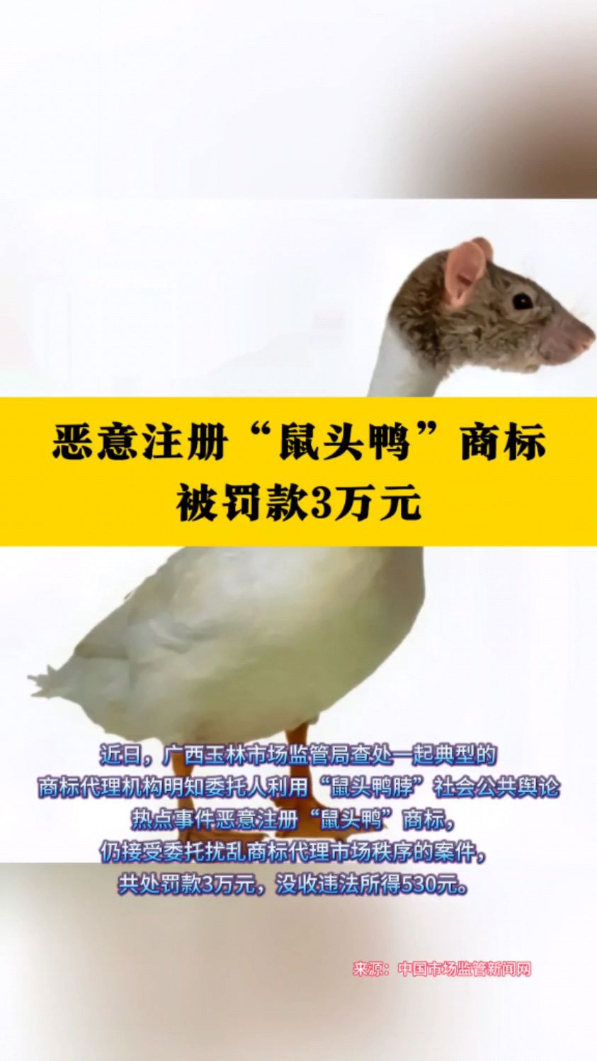 恶意注册“鼠头鸭”商标,被罚款3万元 #鼠头鸭脖 #鼠头鸭