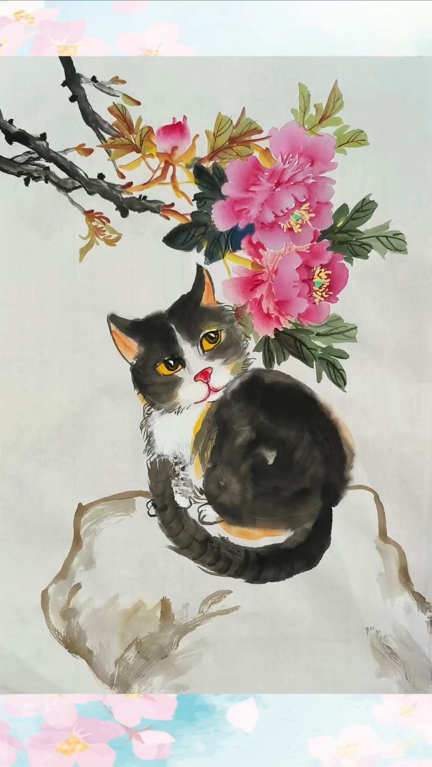 国画大写意牡丹与猫咪,畅想水墨韵味