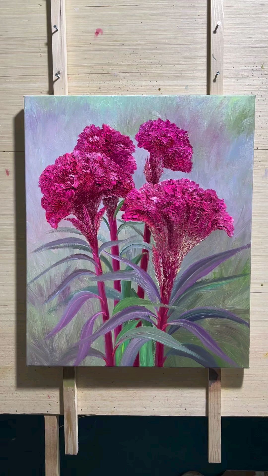 厚油印象鸡冠花油画作品