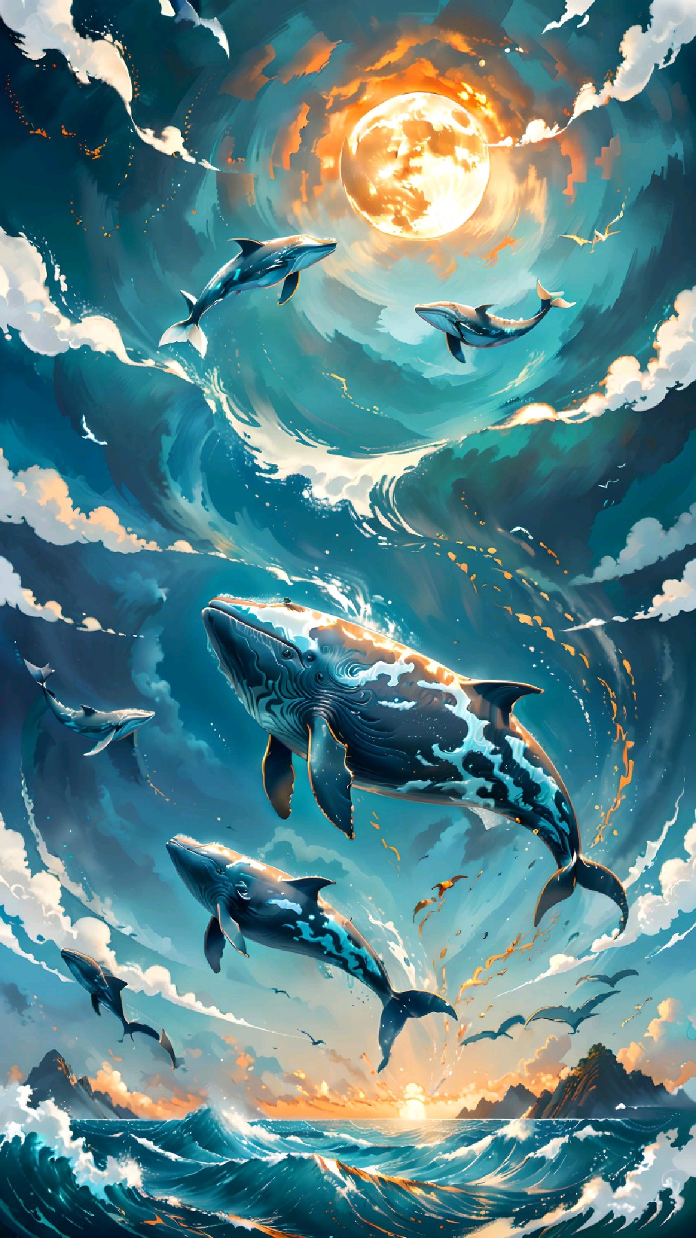 ai艺术插画:鲸鱼受不了核污染的海水,跳进天空,成了鲲