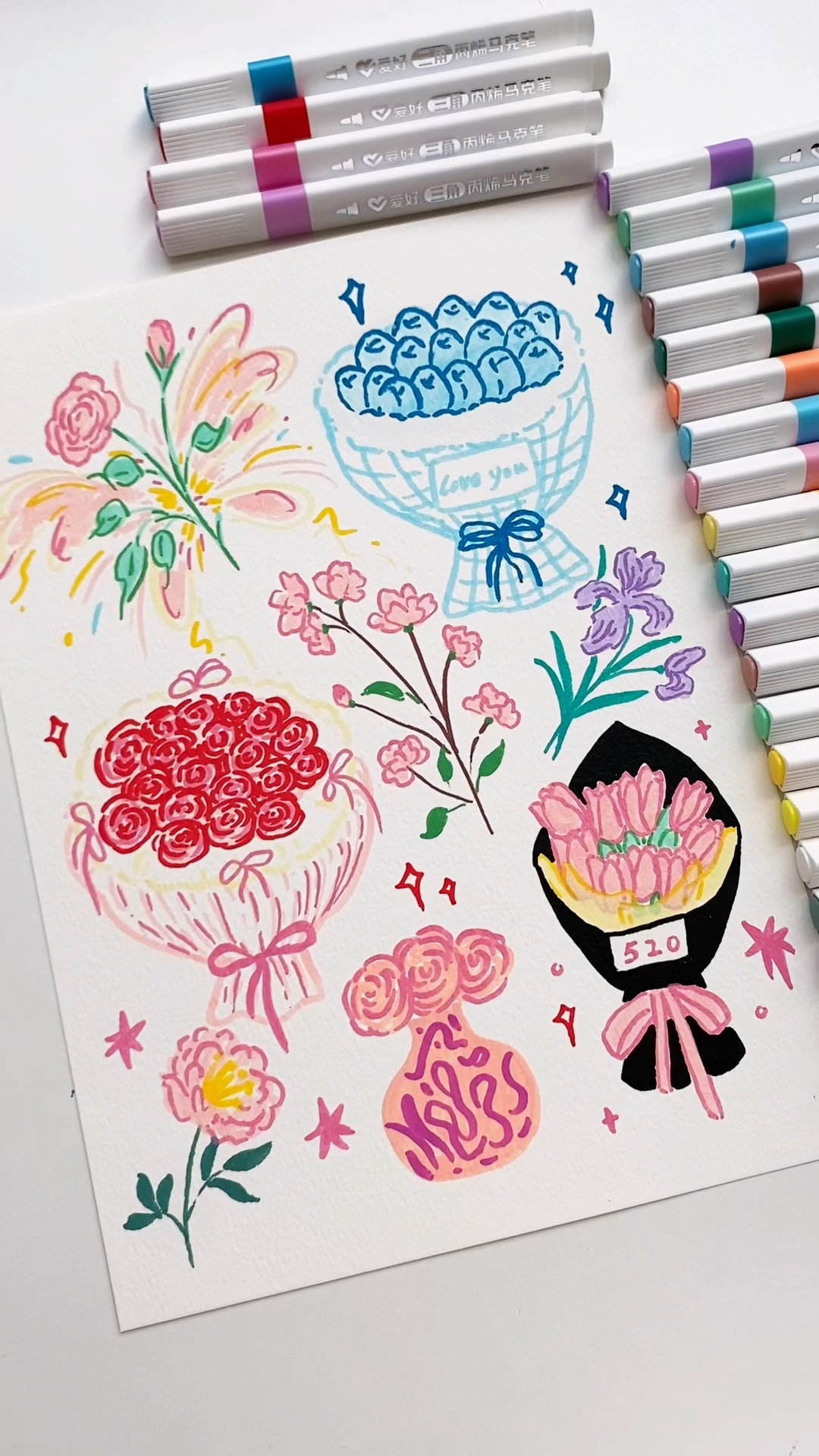 马克笔手绘各种花束简笔画教程视频