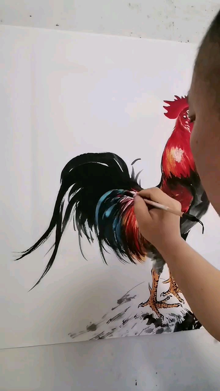 王兴民国画公鸡:红公鸡