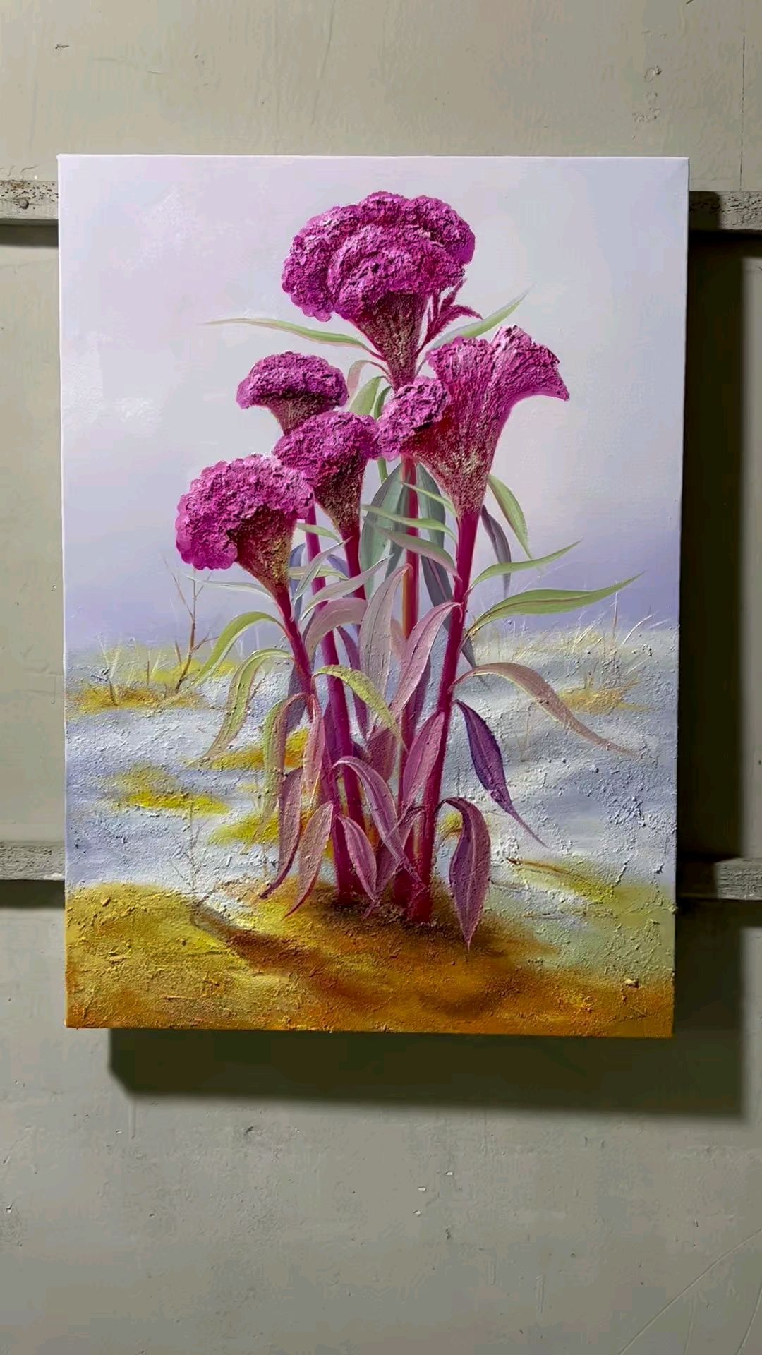 厚油质感肌理画鸡冠花作品