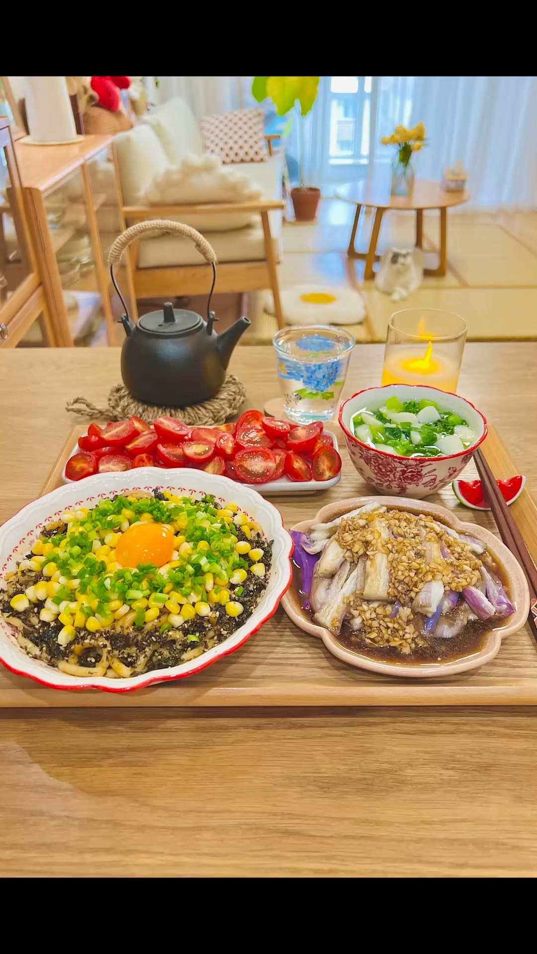 一人食vlog:乌冬拌面|蒸茄子|山药青菜汤