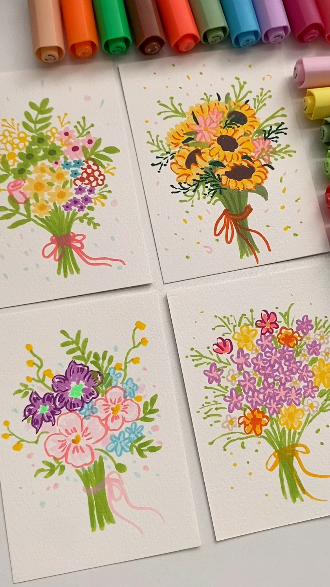 马克笔手绘四束花卉简笔画教程治愈自己