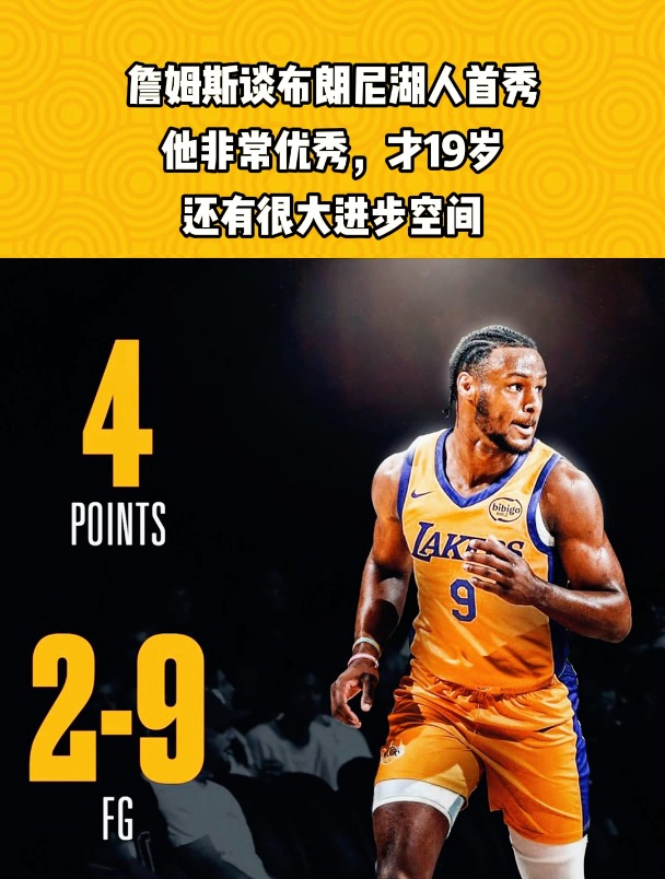 詹姆斯谈布朗尼湖人首秀:他非常优秀,才19岁,还有很大进步空间