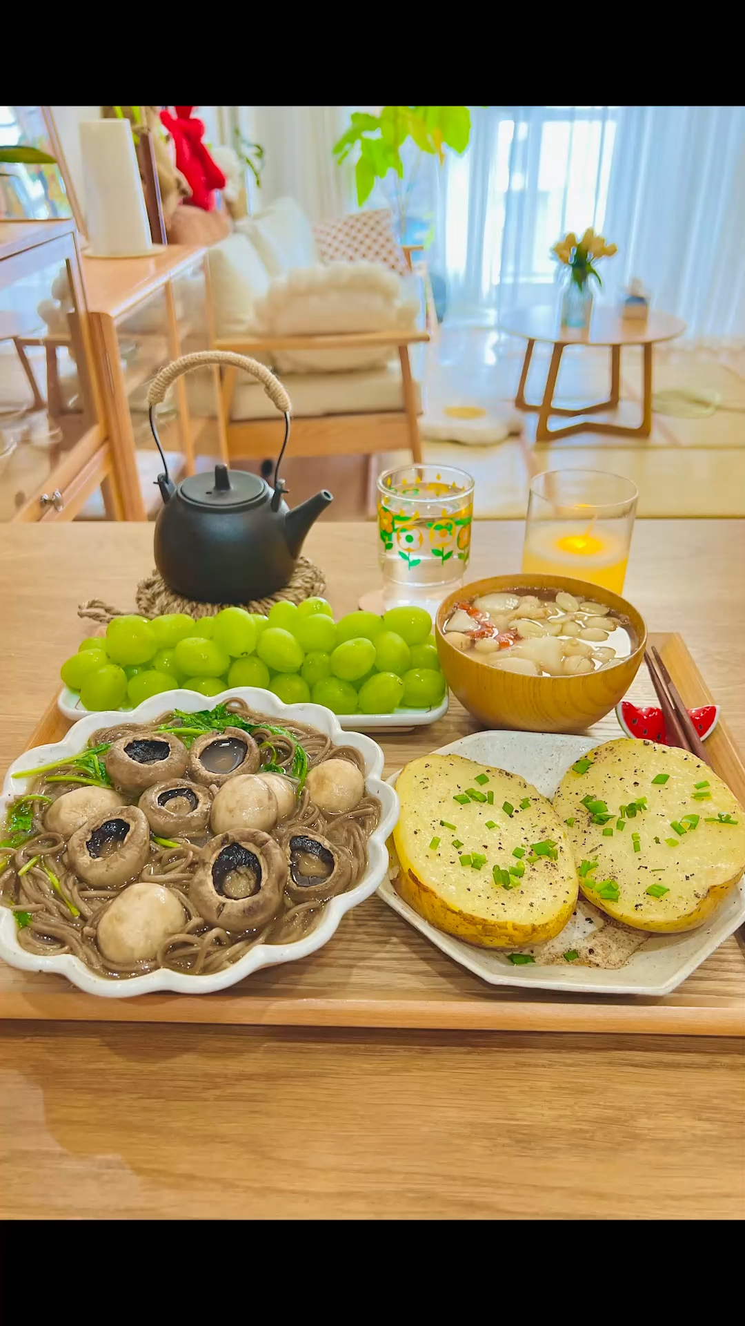 一人食vlog:口蘑清汤荞麦面|黄油土豆|山药莲子糖水