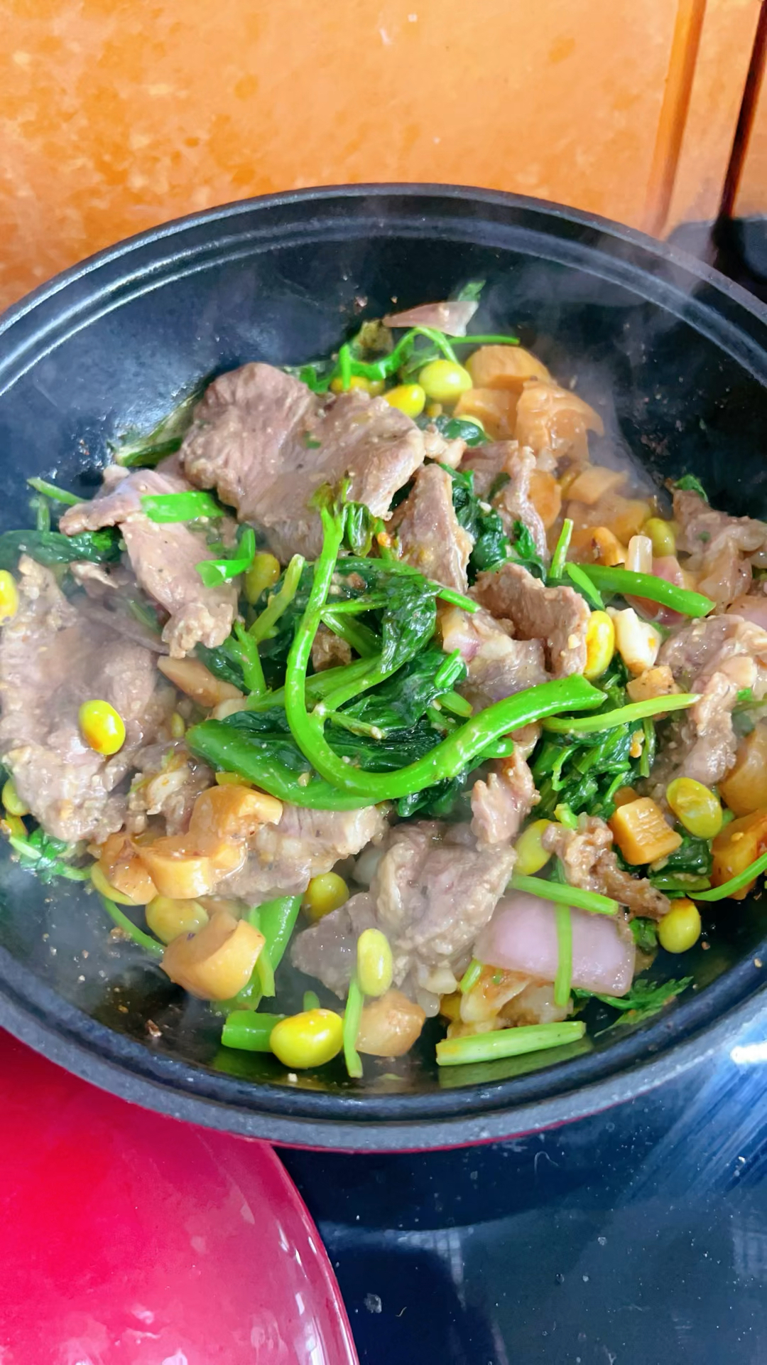 牛肉蔬菜煲。夏天我不喜欢烟熏火燎。做个煲,吃几口就饱了。