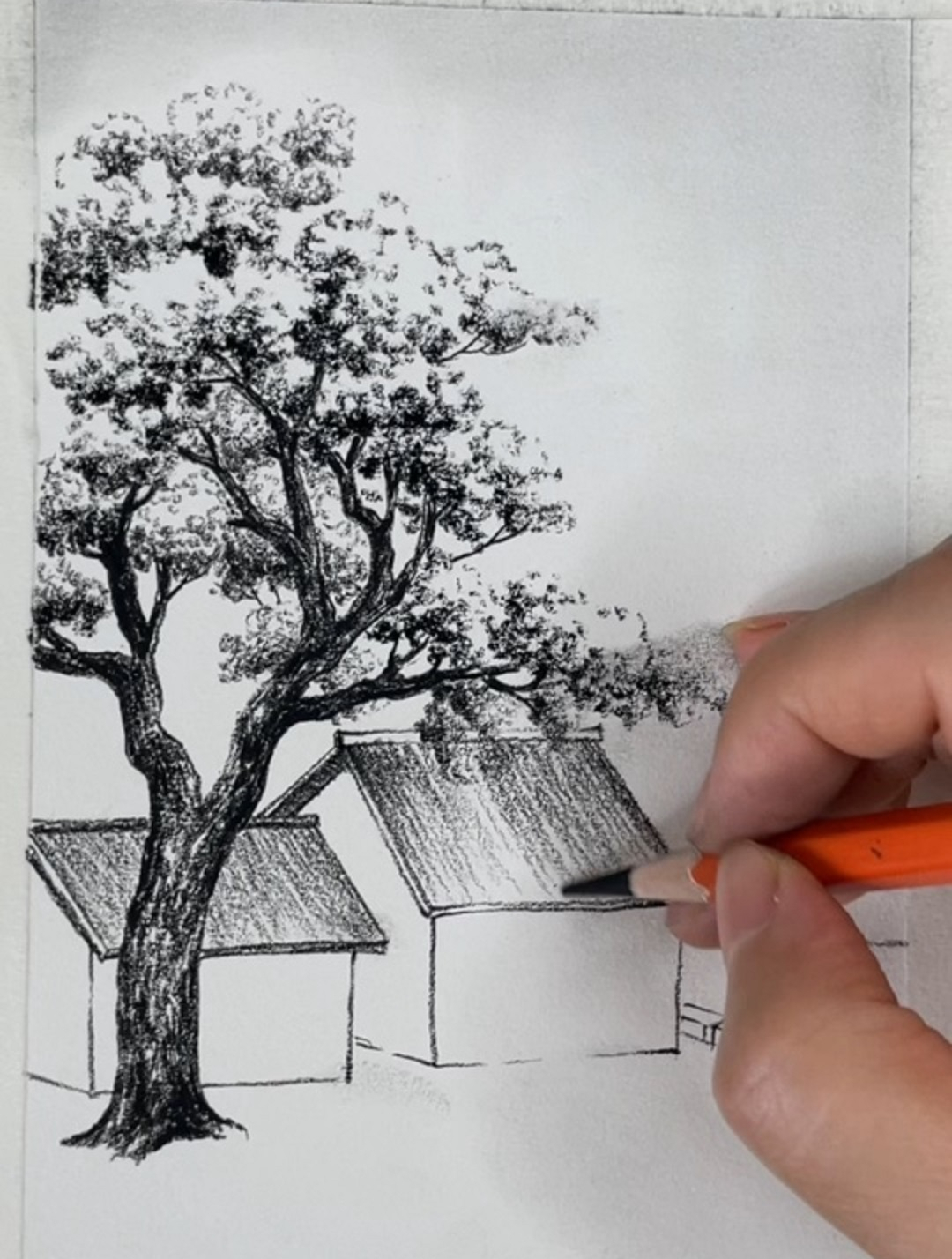 炭笔乡村小景简笔画