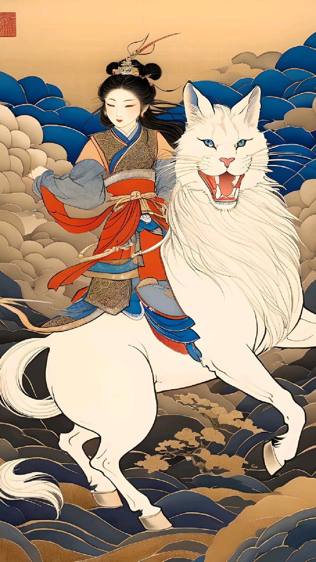 ai艺术插画:女神仙骑山海经神兽图,猫头马身灵兽,能叫出名字吗