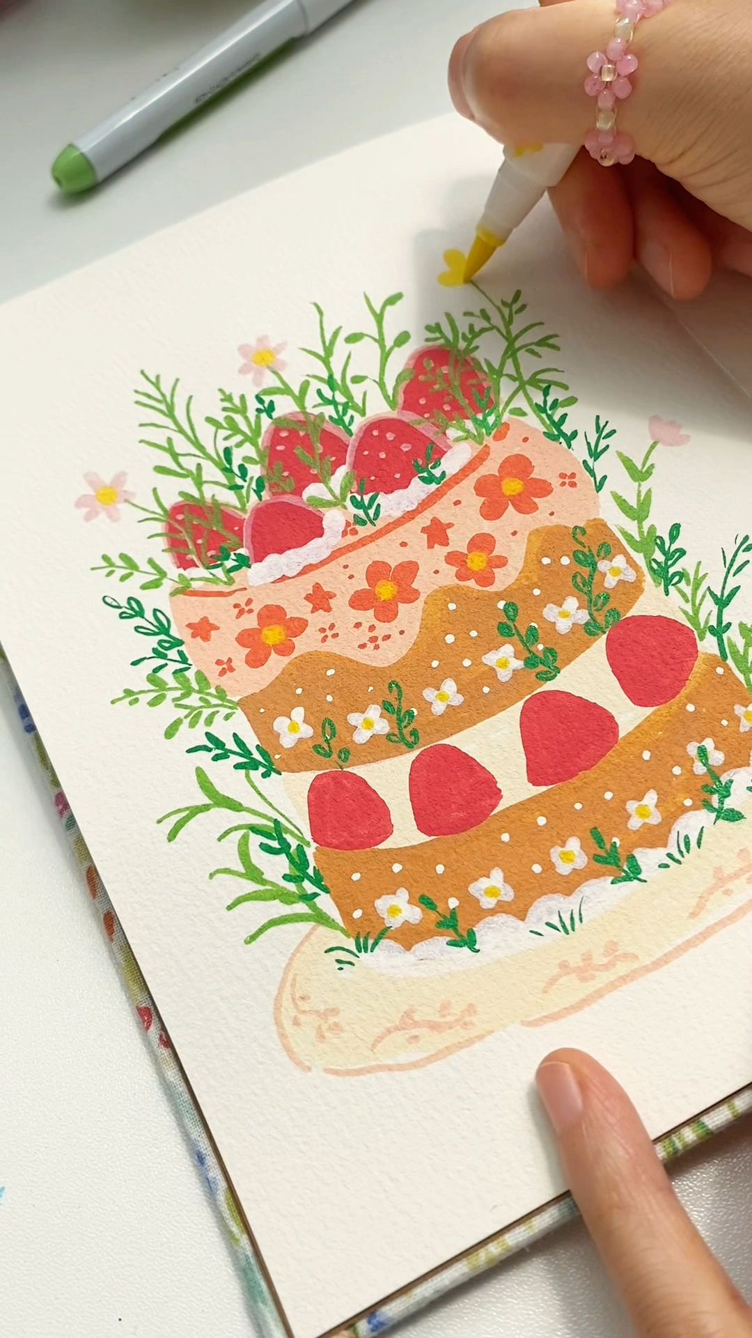 马克笔手绘草莓花卉蛋糕祝自己生日快乐