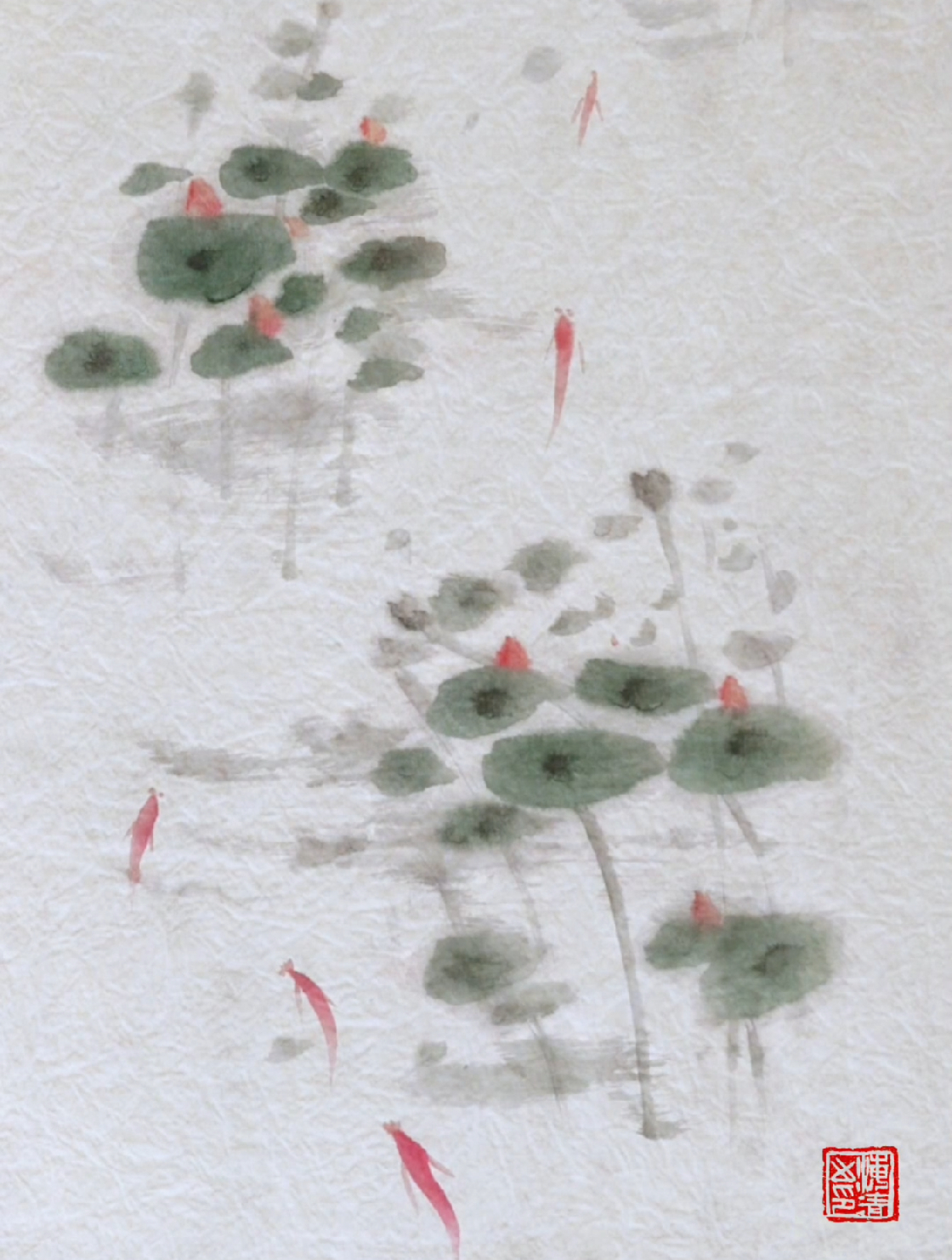 荷塘小鱼随手画 手绘国画作品