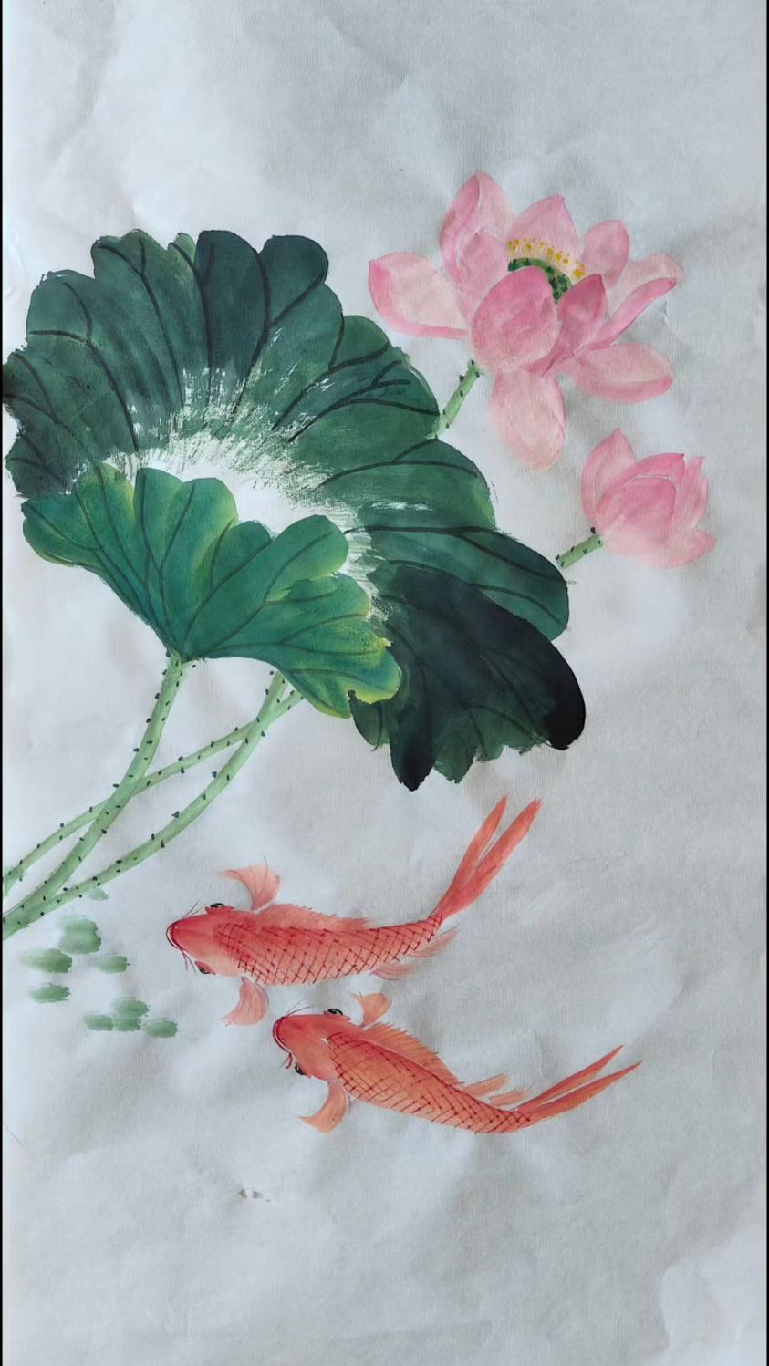 国画写意荷花荷叶和鲤鱼