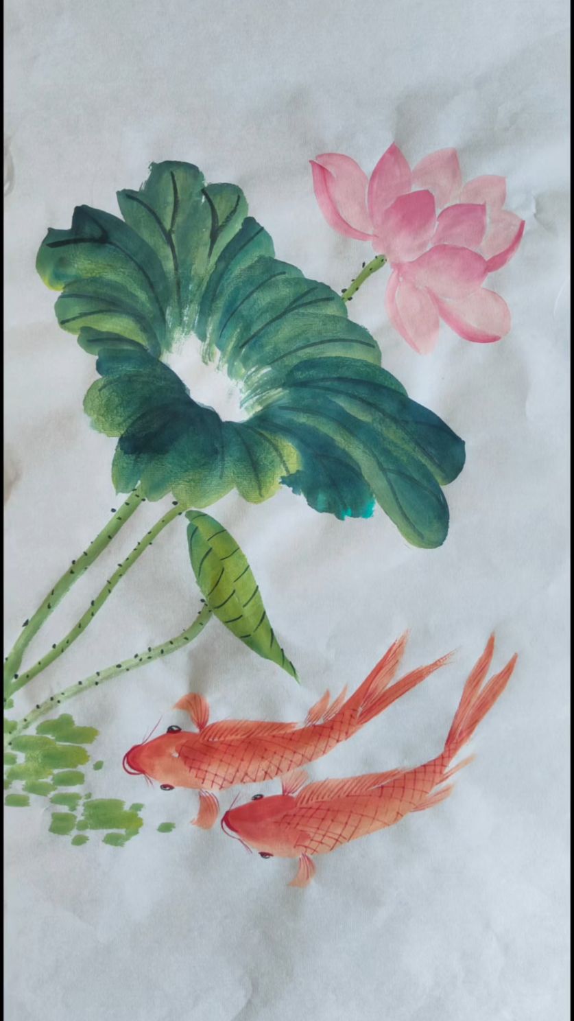 国画写意荷花荷叶鲤鱼